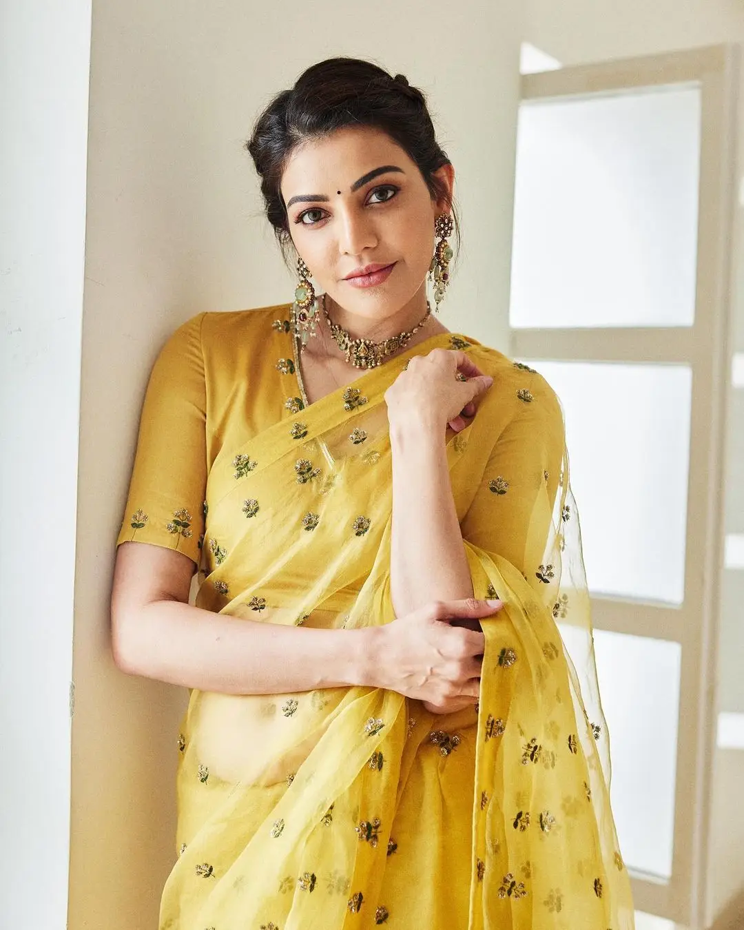 Kajal Aggarwal in Indian Tradition Yellow Color Saree Blouse